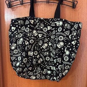 Mystical Skull & Moon Print Tote Bag in Black & Glow